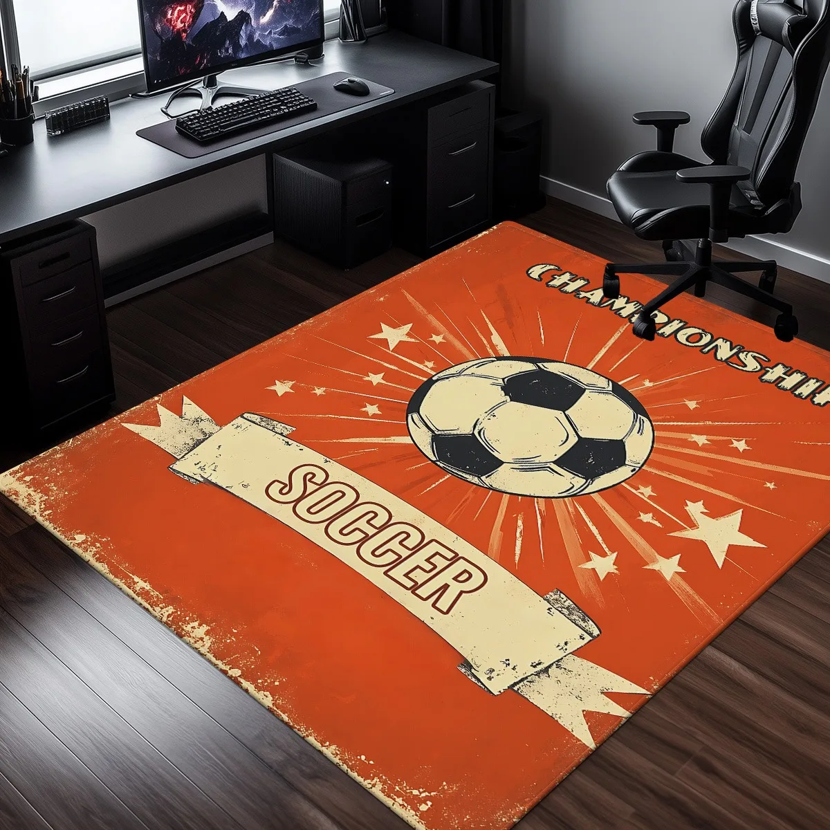 

Футбольный чемпион, винтажный мяч, ретро спортивный дизайн, оранжевый ковер, украшение для детской комнаты, подарок для футбольного болельщика