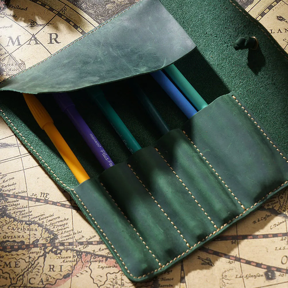 

Handmade Cowhide Pen Case Roll-Up Pouch for Pens Olive Green Professional Pen Holder Organizer Luxury Gift