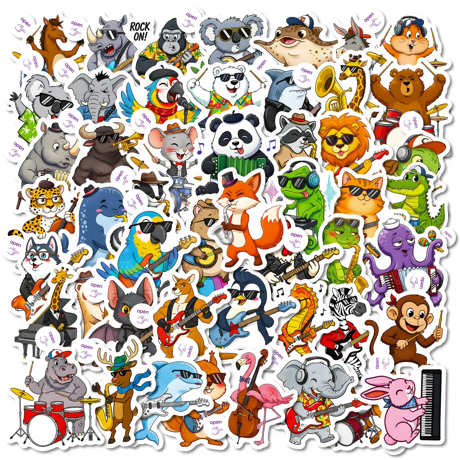 10/50PCS Cartoon Animal Band Stickers Creativity Trendy Animals Playing Musical Instruments Graffiti Decoration Notebook Guitar