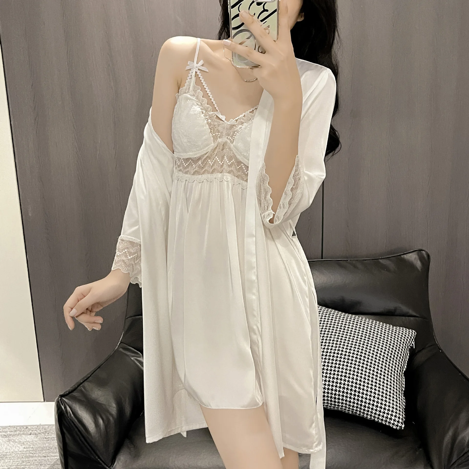 الجليد الحرير الساتان برنس حمام نسائي ثوب النوم مجموعة الخامس الرقبة فستان النوم حزام الخصر رداء 2 قطع الإناث ملابس النوم ملابس النوم