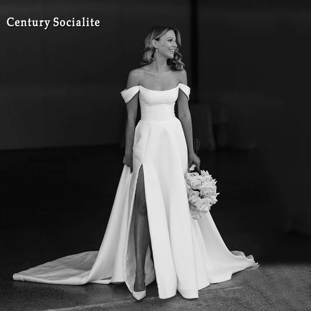 

Simple Satin Wedding Gowns Women Off the Shoulder Side Slit Backless Elegant Bridal Gowns 2025 Vestido de Novia Customized