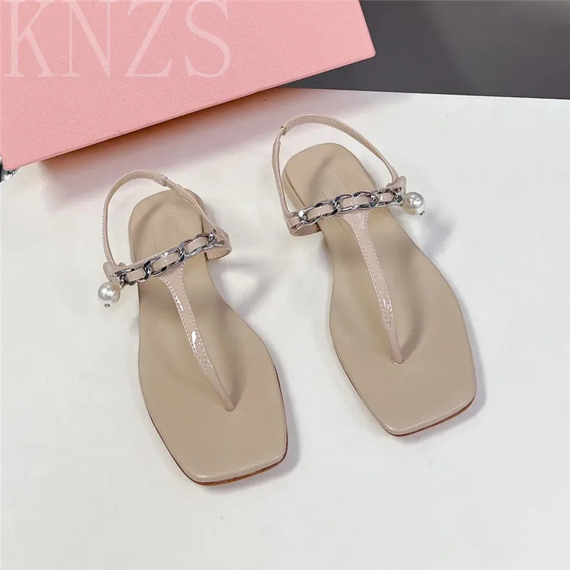 

Summer New Square Toe Pinch Toe Women Sandals Real Leather Concise Pearl Chain Decor Low Heel One Line Strap Casual Flats 2024