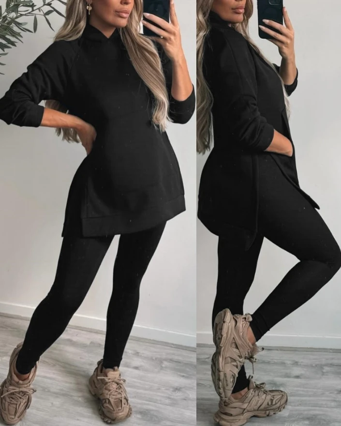 

New Fashion Women's Clothes 2PCS Side Slit Kangaroo Pocket Design Hoodie & Skinny Leggings Pants Set Autumn Female Casual Outfit