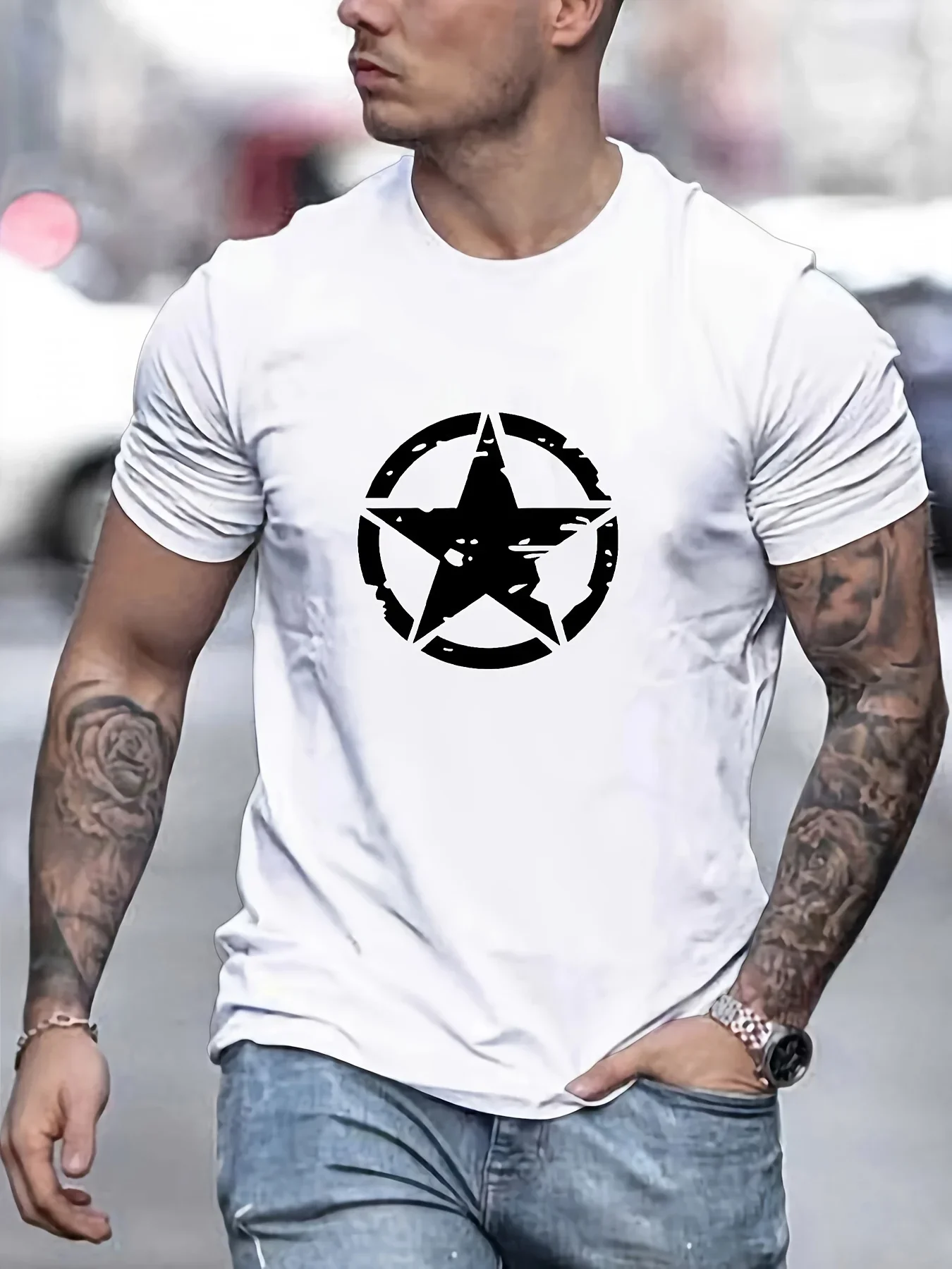 

Summer men's 100% cotton comfortable casual star logo graphic printed sports round neck short sleeved T-shirt