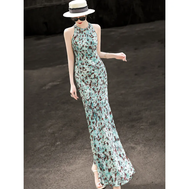 MEXCOCO Summer New Elegant French Gradient Print Halter Sleeveless Dress Women Slim Fit Vintage A Line Party Midi Dress