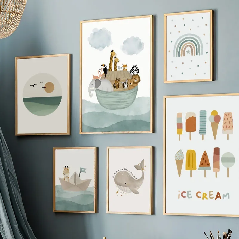 1pc frameless Canvas Painting Boat Ocean Whale Giraffe Rainbow Nursery Poster Wall Art Print Canvas Painting Nordic Posters Baby