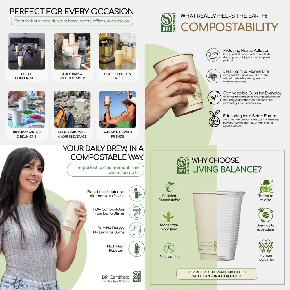 

100 упаковок компостируемых кофейных чашек на 12 унций с герметичными крышками, без BPA, CPLA на основе растений | Чашки для горячих и холодных напитков