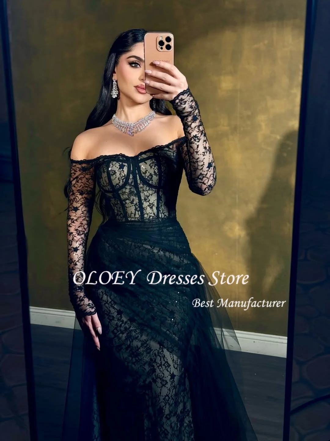 OLOEY Czarne Koronkowe Sukienki Wieczorowe Seksowna Czarna Sukienka Syrena z Gorsetem na Wesele, Sukienka na Przyjęcie, Długa Suknia Balowa z Długim Rękawem na Zamówienie, Vestidos