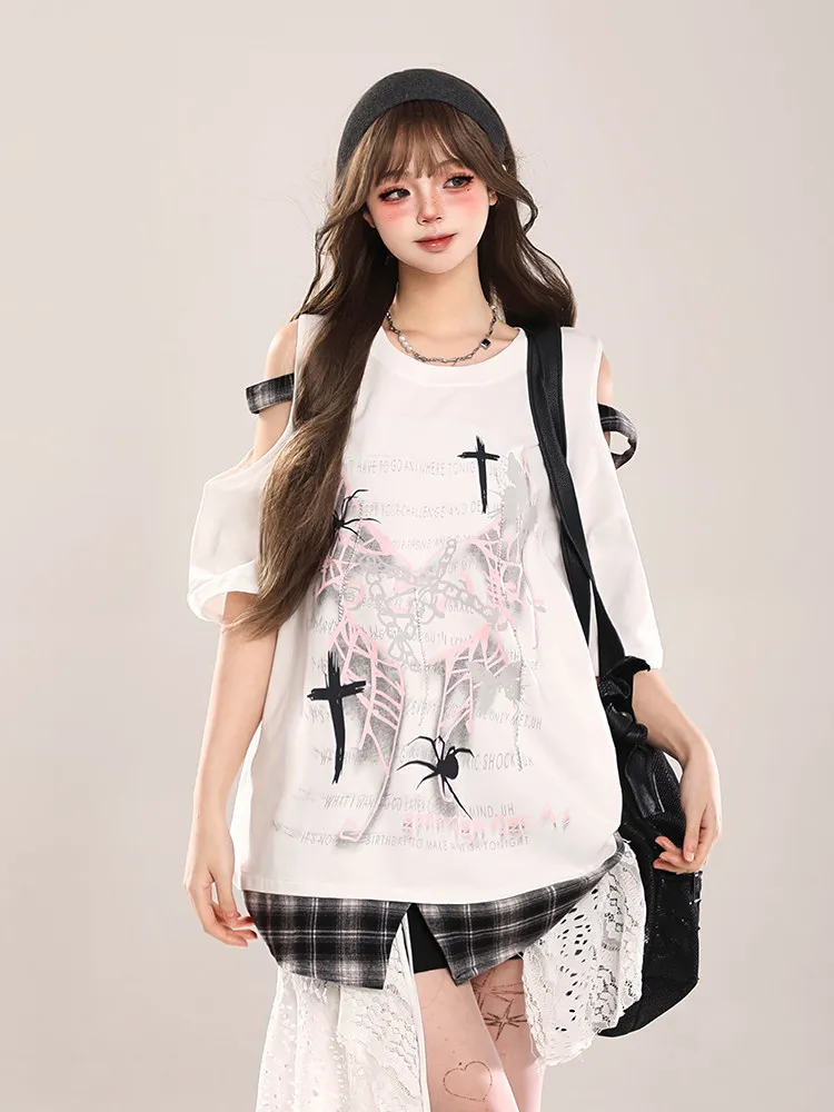 아메리칸 쿨 버터플라이 레터 프린트 반팔 블랙 티셔츠 여성용 여름 서브컬쳐 스타일 루즈 오프숄더 화이트 탑