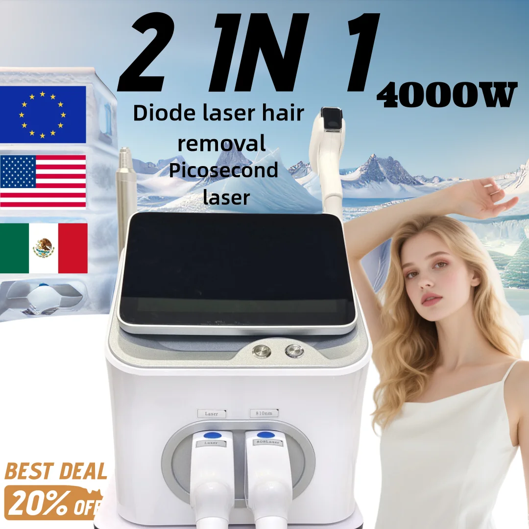 2 في 1 4000 واط ديود بيكو ثانية ليزر 755nm 808nm 940nm 1064nm لإزالة الوشم بشكل دائم غير مؤلم نظام تبريد الجليد
