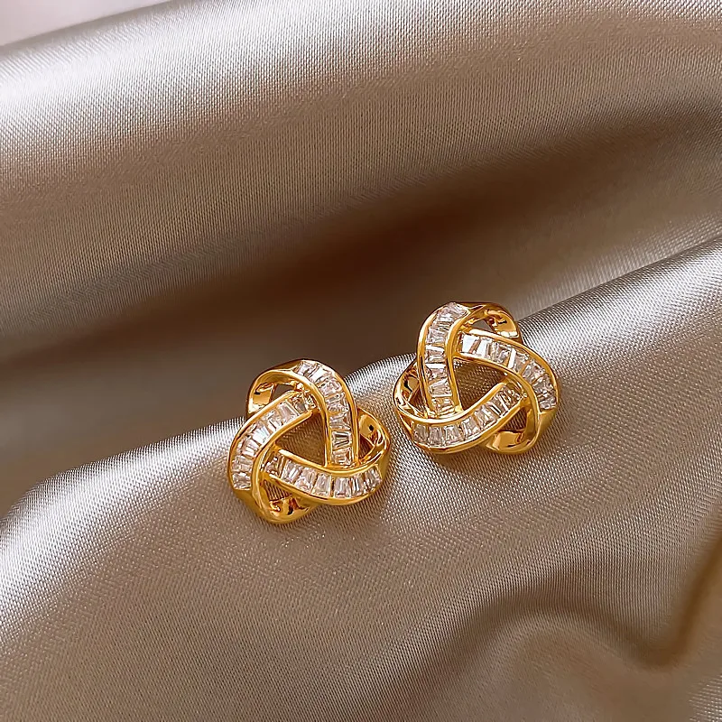 South Korea new design fashion jewelry 14K gold plated stereo cross-zircon earrings elegant women's daily work accessories