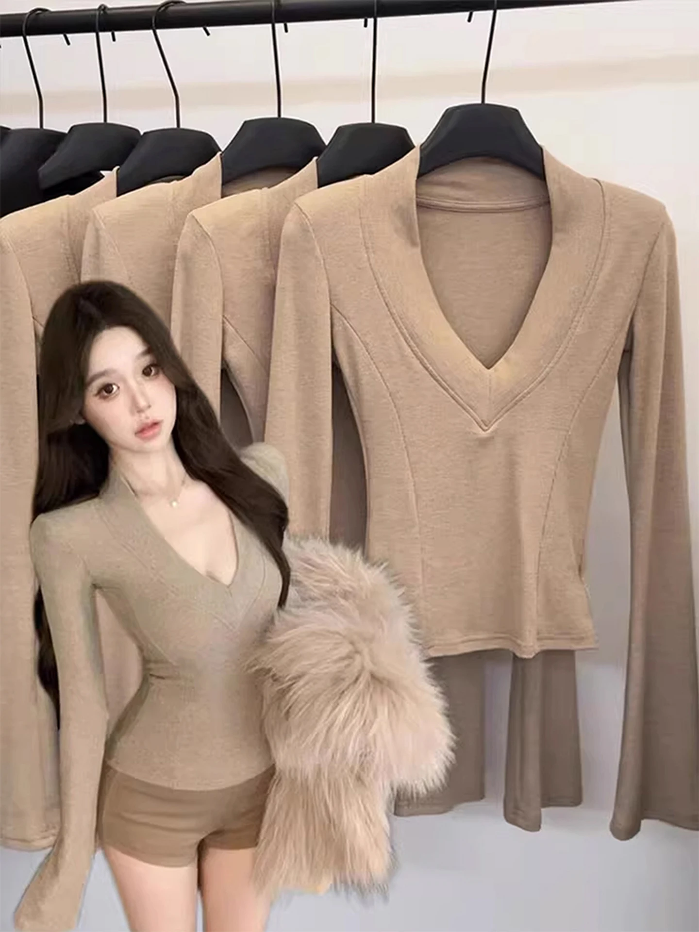 

Женский облегающий длинный свеч V-Ne Base irt, верхняя одежда, модный вязаный свитер, осенне-зимняя высококачественная футболка