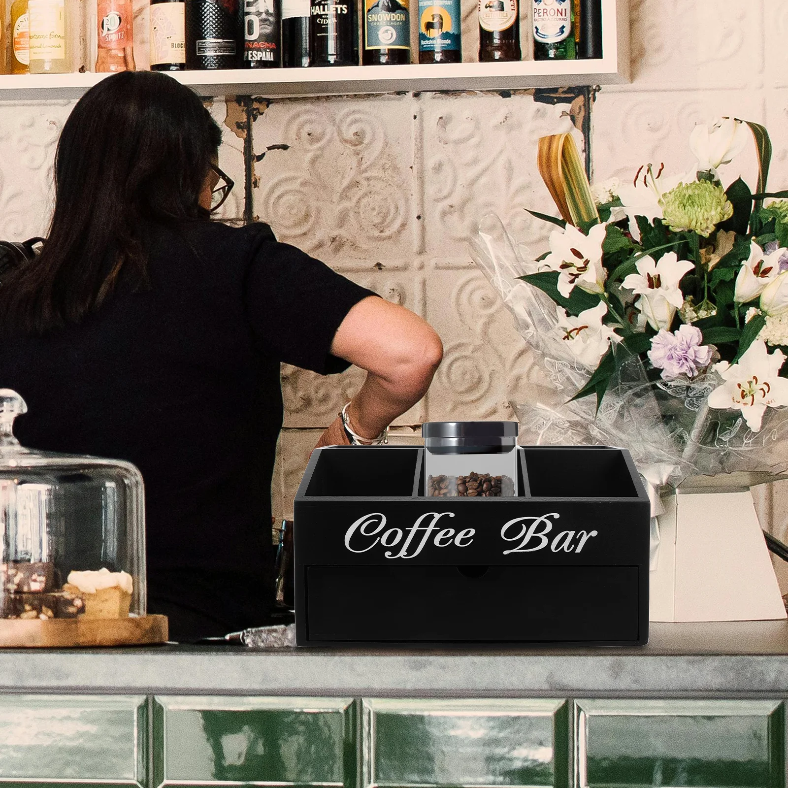 

Coffee Station Organizer Wooden Storage Box For Countertop Tea Coffee Supplies Sugar Bag Holder Straws Napkin Spoon Fork