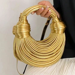 New Gold Silver Women Handbag Rope Knotted Pulled Hobo Luxury Designer Brand Handwoven Noodle Bags Evening Clutch Crossbody Bag