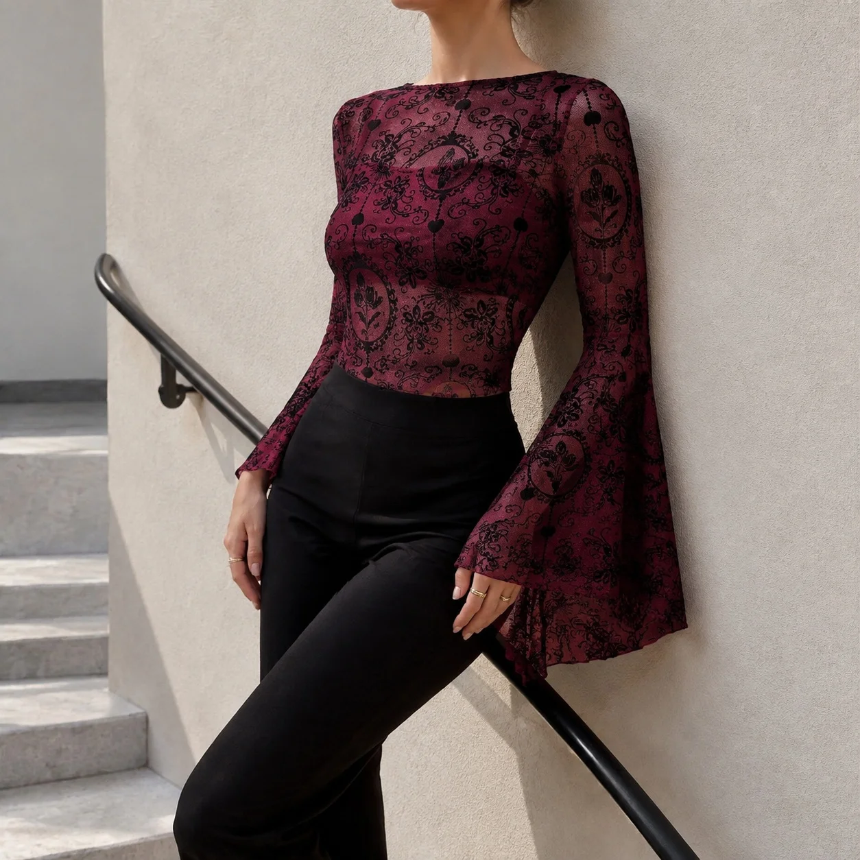 Bell Sleeve Long Sleeve Top Slim Fit with Pullover T Shirts European and American Style Flocked Streetwear Autumn for Women
