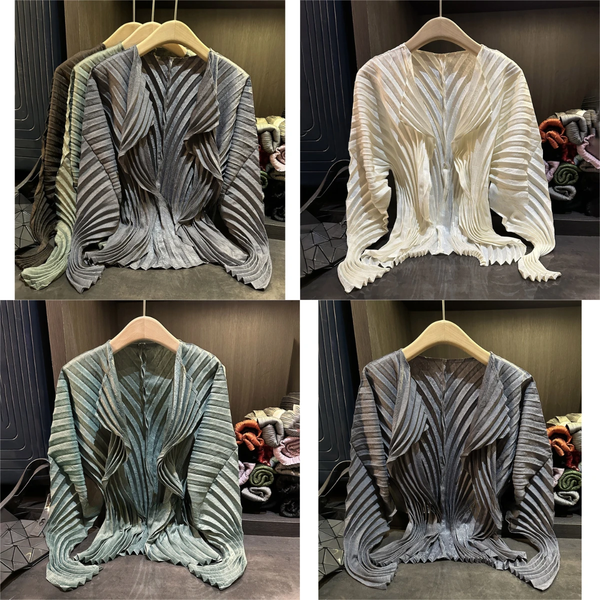 Miyake Pleated Autumn New Simple Solid Color Long Sleeved Women's Striped Pleated Collar Buttonless Cardigan Commuting Jacket