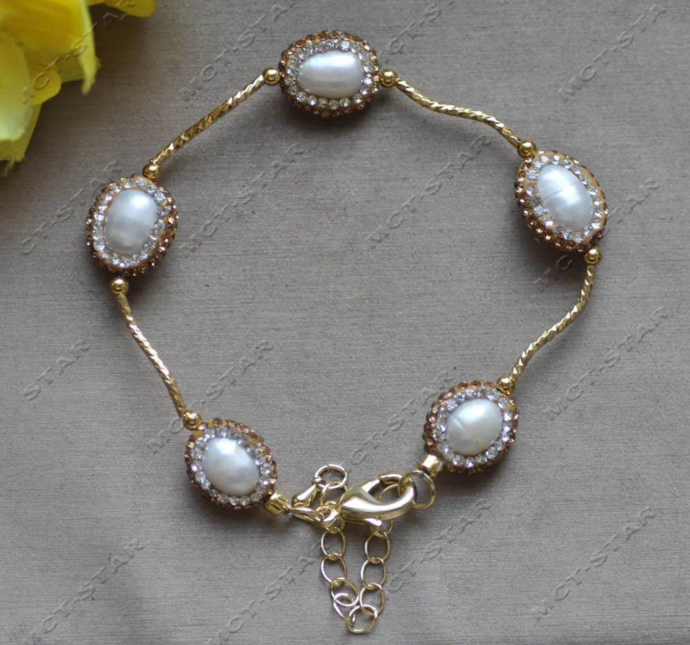 Z12926 Set 15mm White Rice Golden CZ Pearl Necklace Bracelet Earring view 5