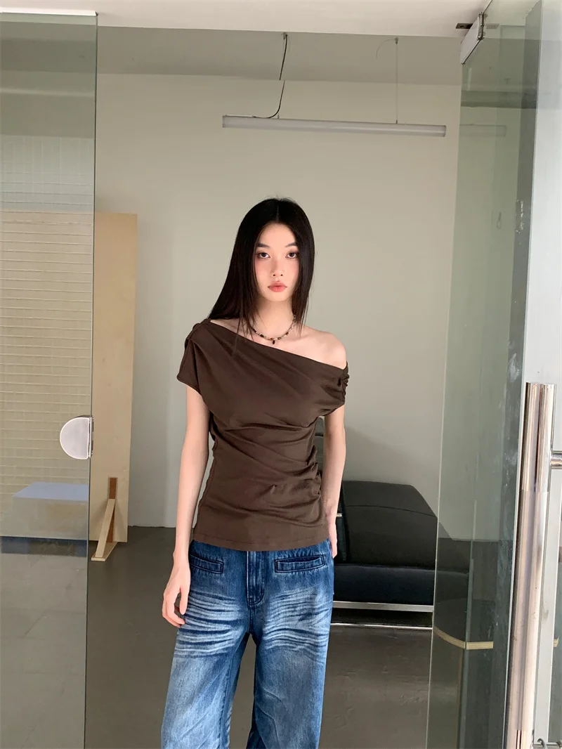 CHEERART Brown Off The Shoulder Top Women Summer Short Sleeve T Shirt Solid Casual Top Ruched Skew Neck Casual Top