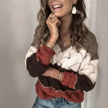 2025 Autumn/Winter New Women's Color blocked Design Warm Round Neck Long Sleeve Sweater Knitted Sweater Versatile Hoodie