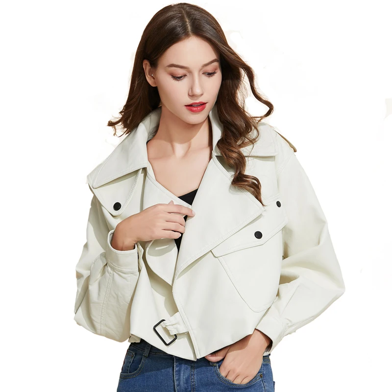 Fitaylor Women Faux PU Leather Jacket Casual Lady Lapel Button Jacket Female Loose Short Leather Coat