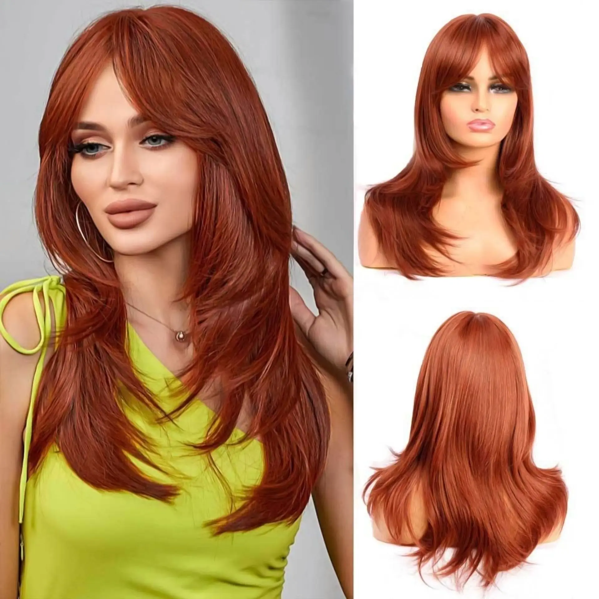 

European and American wig female reddish brown curly hair can be tilted bangs chemical fiber full headgear wig