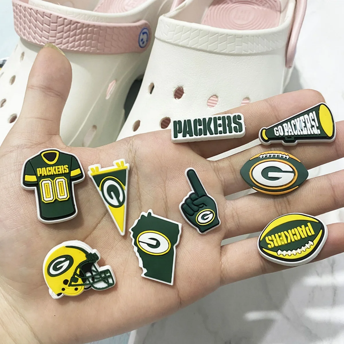 10pcs Sport Shoe Charm for Clogs Bubble Slides Sandals PVC Decorations Accessories Packers Series for Gifts Party Favor image 5