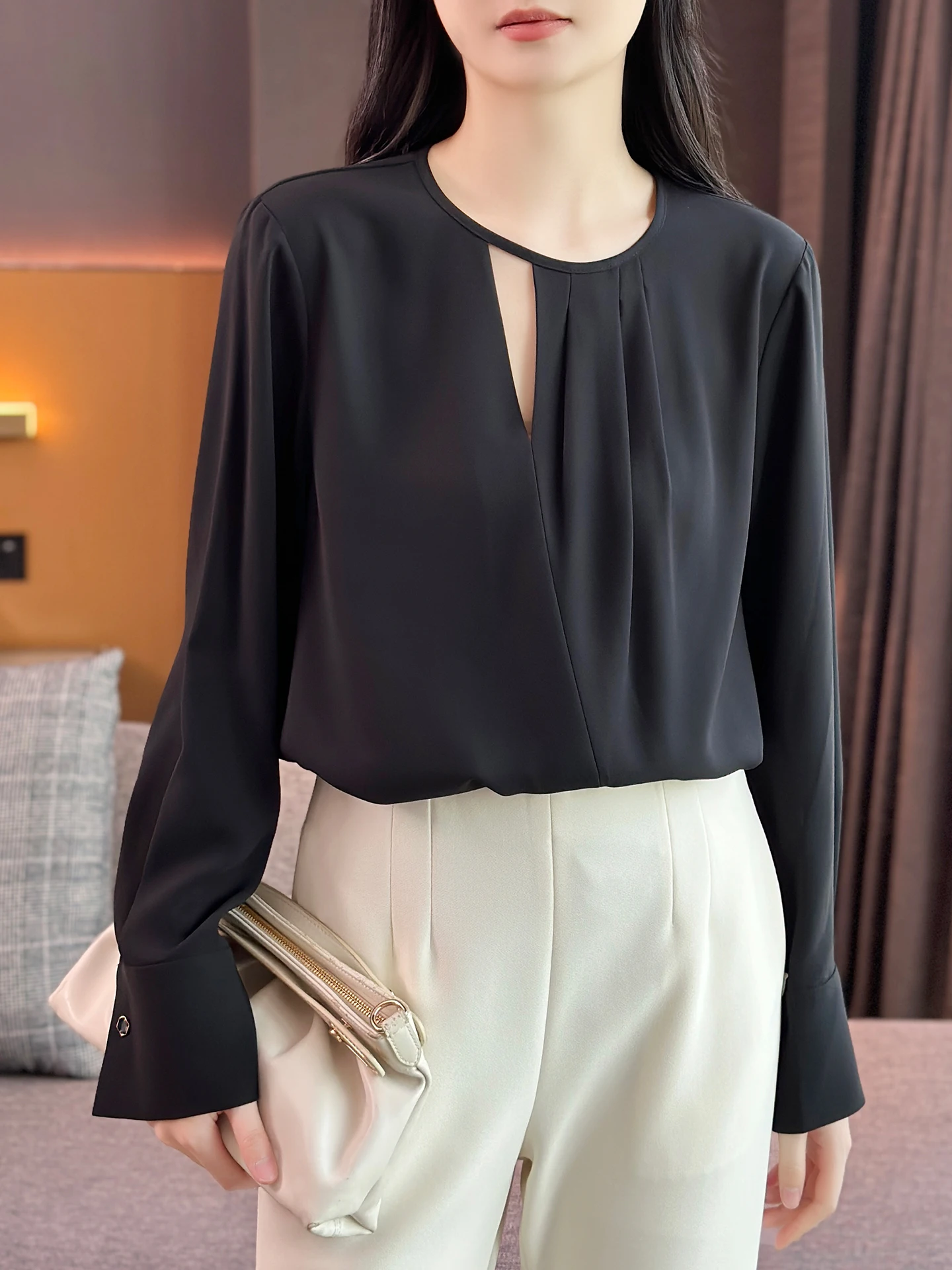 

Bla Pleated round Ne irt Suede Acetate Fabric Drapey Ele Commute Sle Women's Premium Sensation Gown by Left Home