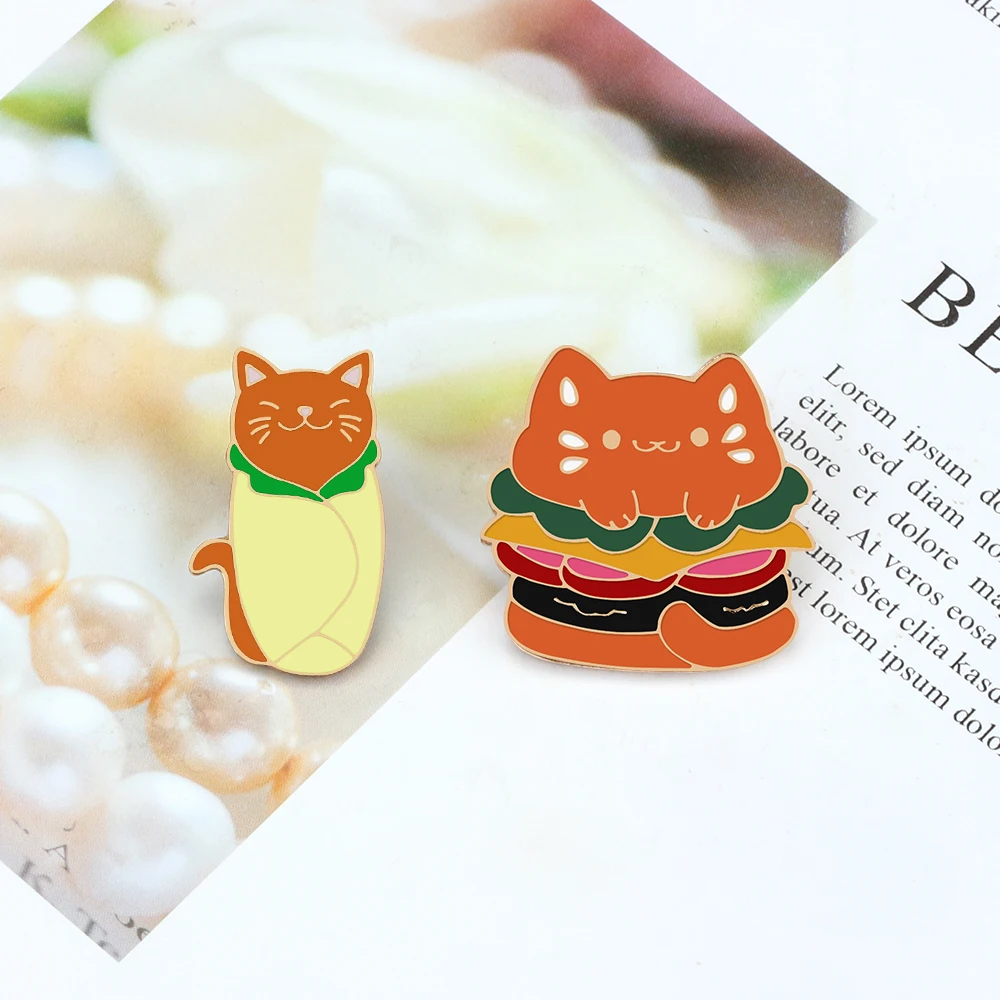 Cute Pet Cat Bubble Tea Brooch Enamel Mini Tea Cup Cats Hamburger Kitten Eating Fish Metal Chain Badge Smiling Animal Lapel Pins