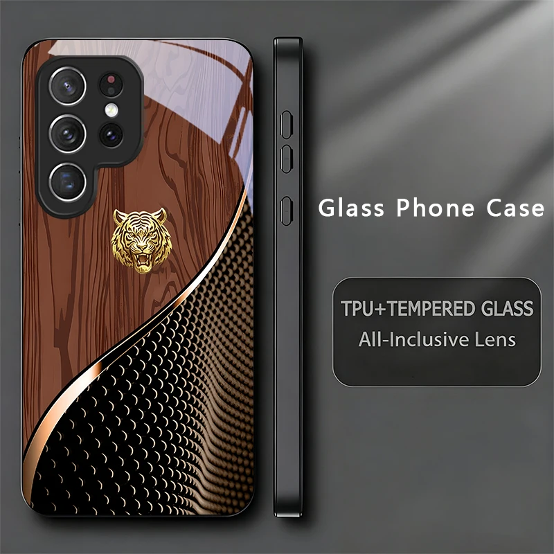 Style Gold Tiger Emblem Phone Case For Samsung Galaxy S26 Ultra S25 Edge S24 FE S23 Plus S22 S21 S20 S22 S25+ Glass Black Cover