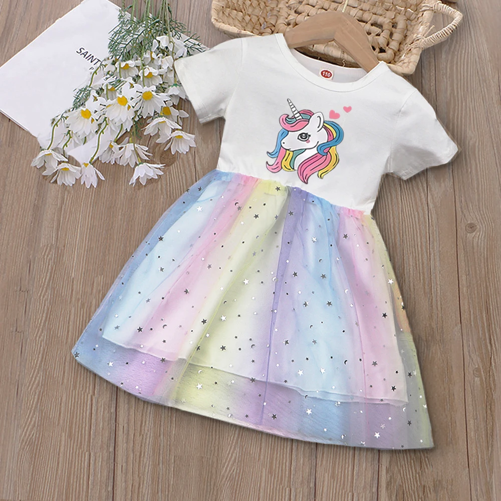 

2025 New Summer Unicorn Girls Dress Kids Clothes Children Princess Baby Girl Short Sleeve Cute Party Dresses Rainbow Fashion