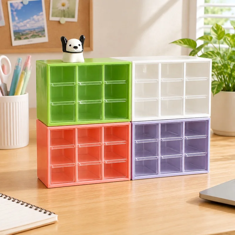 Clear Plastic Desktop Storage Case with Nine Compartments and Mini Drawers for Study Areas and Mounted Use