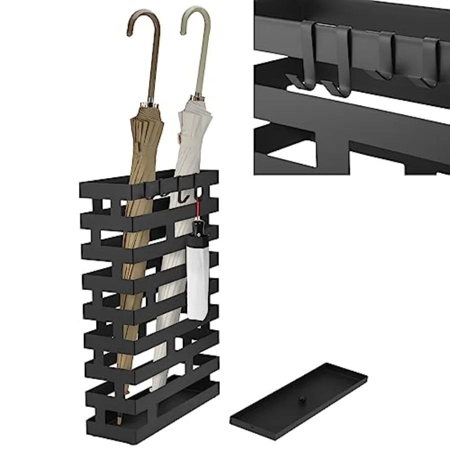 

Подставка для зонтов для прихожей, большая металлическая вешалка для зонтов 3,94 x 11,81 x 16,93 дюймов со съемным поддоном для воды и декоративными крючками