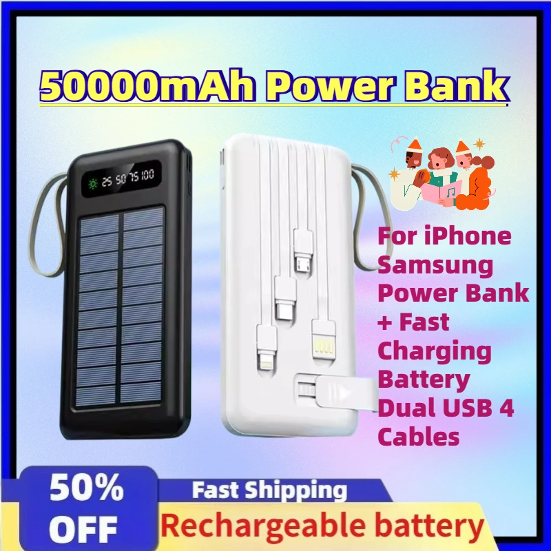 

High-Quality 10W 50000mAh Large Capacity Mobile Power For iPhone Samsung Power Bank + Fast Charging Battery Dual USB 4 Cables