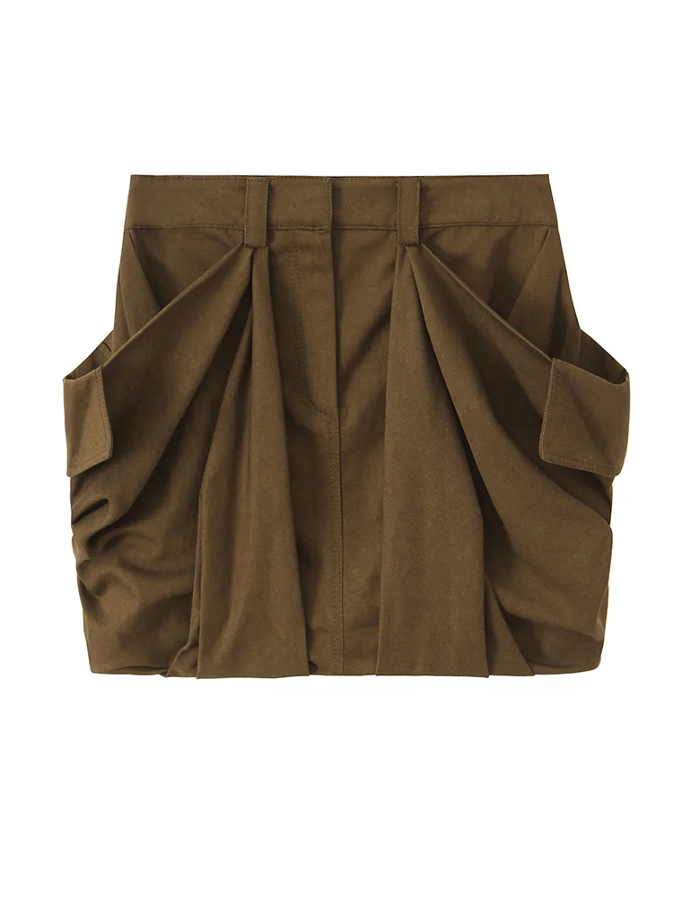 

Летняя женская модная короткая юбка с большими карманами и плиссировкой, однотонная коричневая, с завышенной талией, для работы, мини-юбка