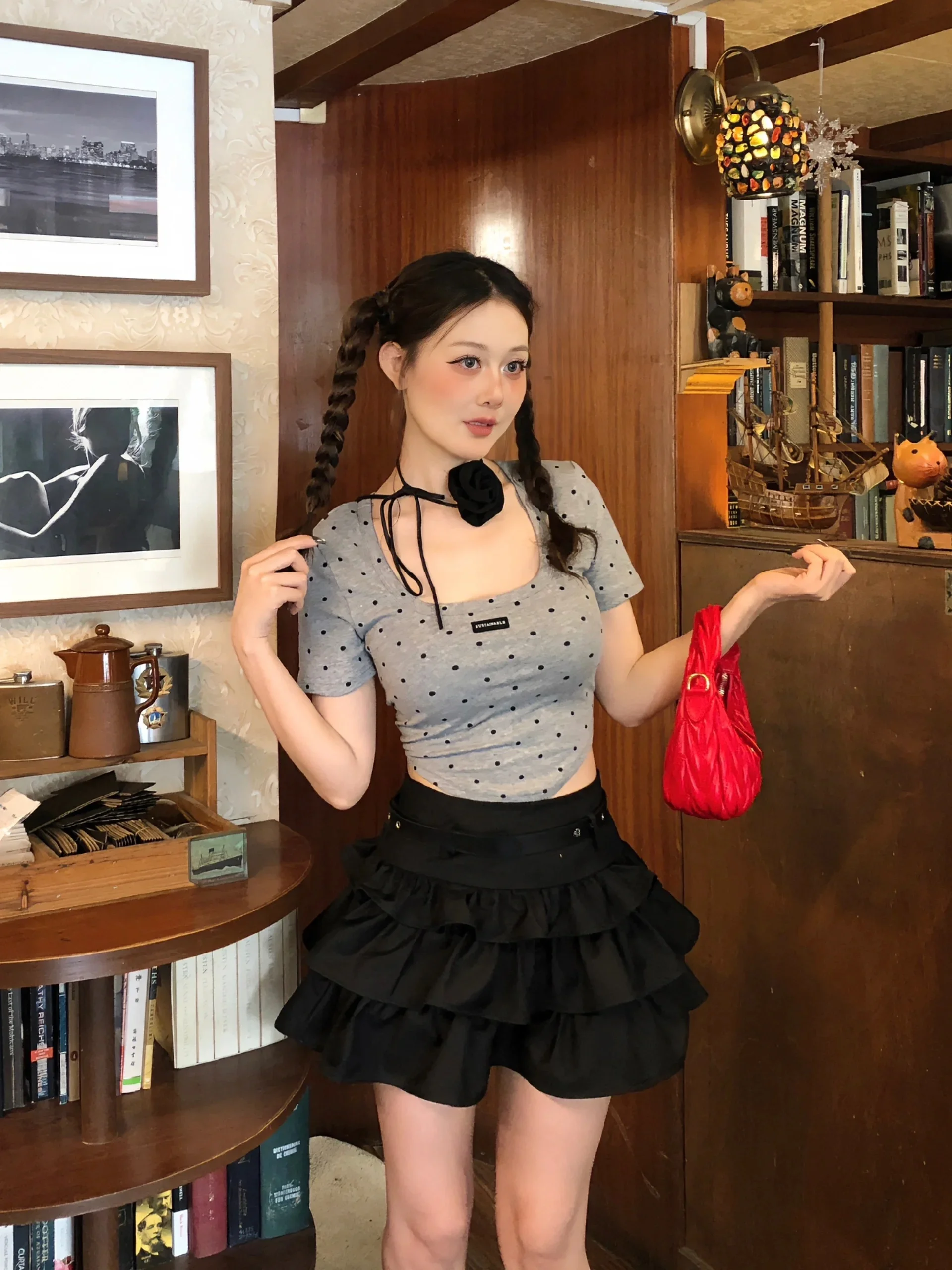 Black Heart Belt Puffy Cake Skirt Women's Summer A-Line High Waist Versatile JK  Skirt Korean Style Commute Design