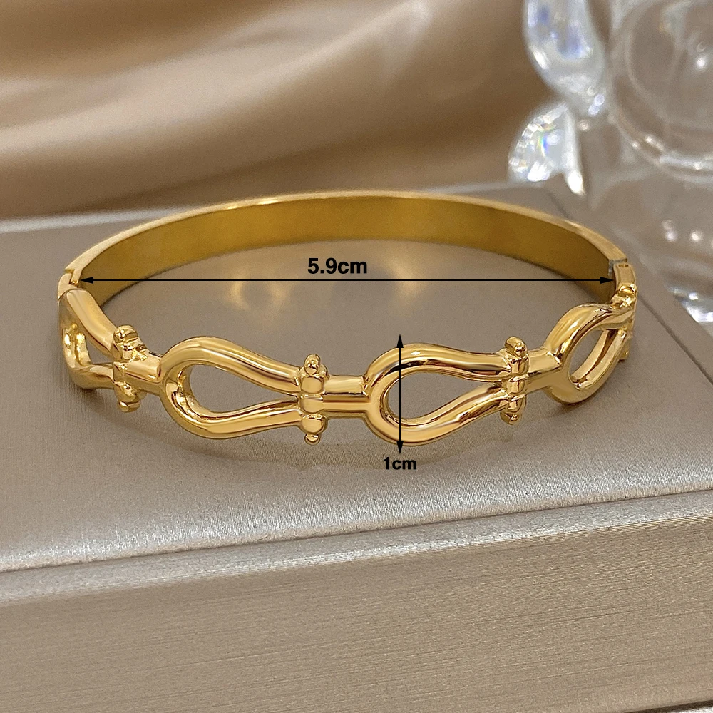 Classic Irregular Stainless Steel Spring Bangle Bracelet for Women Minimally Hollow Out Wide Cuff Bracelet Waterproof Jewelry