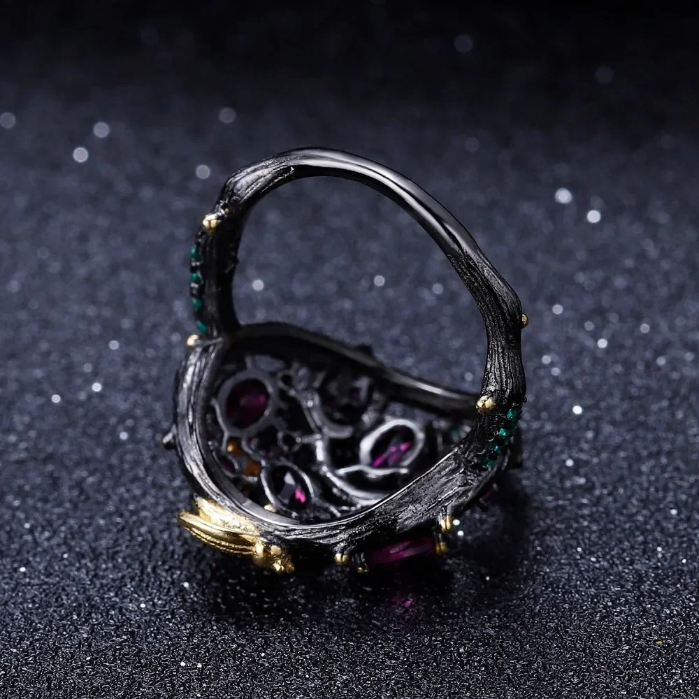 GEM\'S BALLET Natural Rhodolite Garnet Gemstone Ring 925 Sterling Silver Handmade Gold Bee on Branch Rings for Women Fine Jewelry