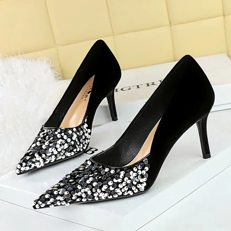 BIGTREE Spring Sequined Cloth Woman Pumps Pointed Toe Low Thin Heels Pole Dancing Party Elegant Ladies Shoes