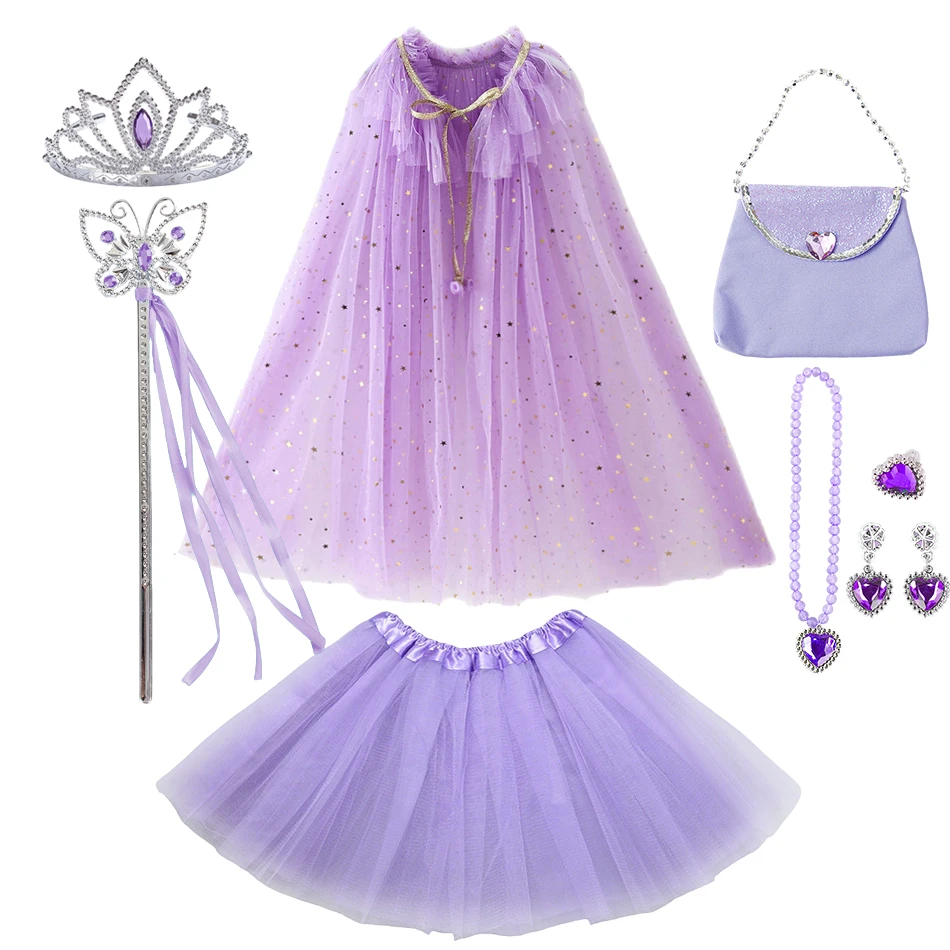 9 Pcs Kids Costume Accessories Set for Girl Lightweight Tulle Cloak Wand Crown Bag Necklace Earring for Halloween Birthday Party