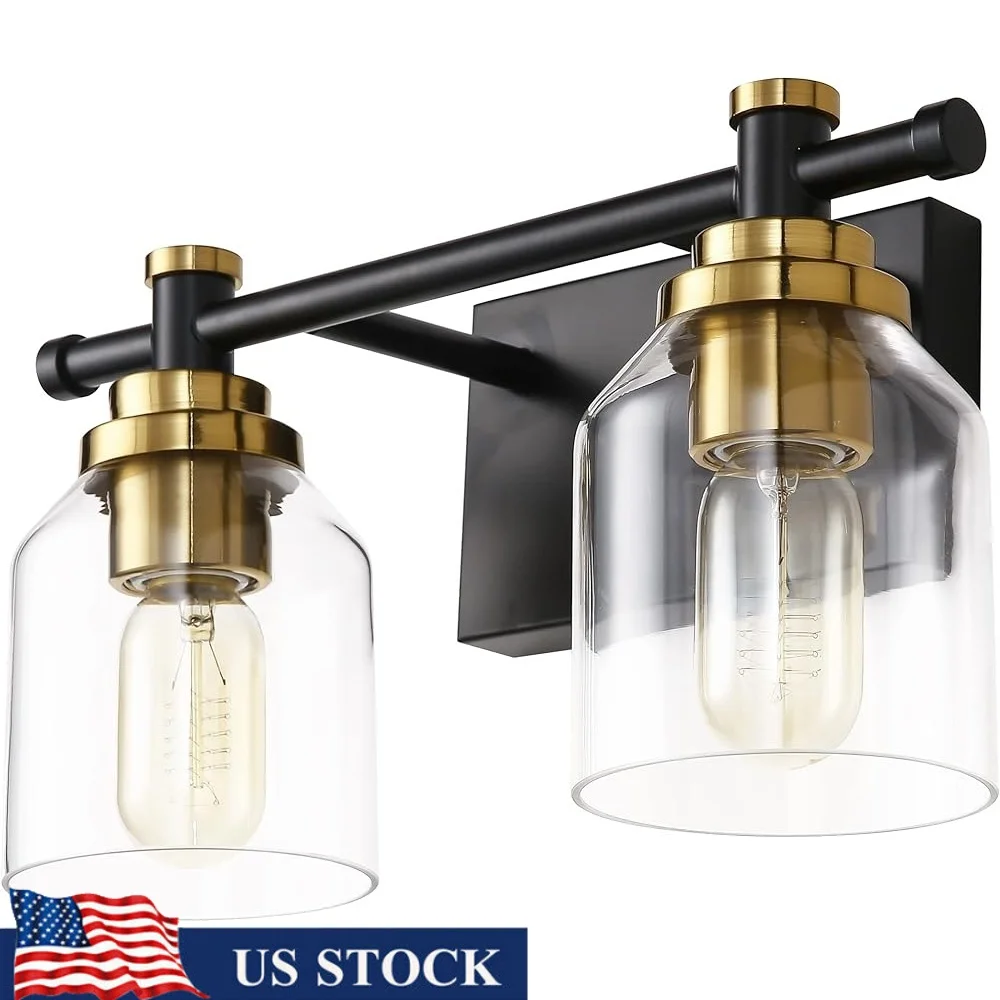 

Винтажный черный латунный 2-световой настенный бра для ванной комнаты, светильники для туалетного столика, абажур из прозрачного стекла, проводная установка, влагостойкий