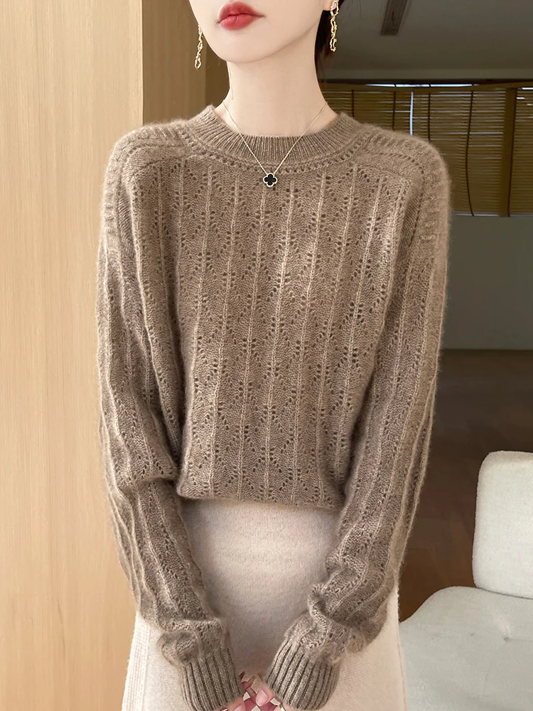 New Womens Basic O-neck HollowPullover Sweater 100% Merino Wool Batwing Sleeve Cashmere Knitwear Autumn Winter Clothing Tops