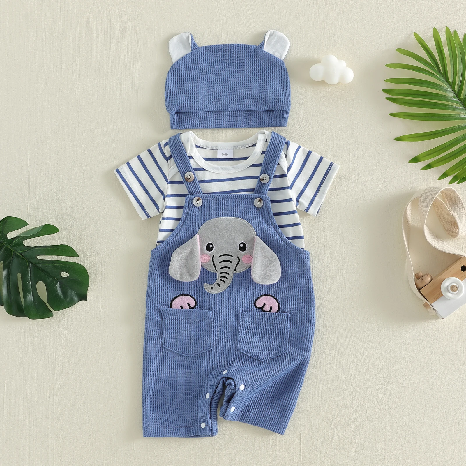 Cute Infant Newborn Baby Boys Outfit Striped Short Sleeve Romper Elephant/Dinosaur Embroidered Overall Pants Hat 3 Piece Set