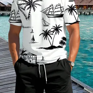 رجالي هاواي الشاطئ تي شيرت 2 قطعة كم قصير شجرة النخيل طباعة O-Neck في الهواء الطلق موضة عارضة الصيف أعلى 6 أزياء هاواي للرجال - رقم 6