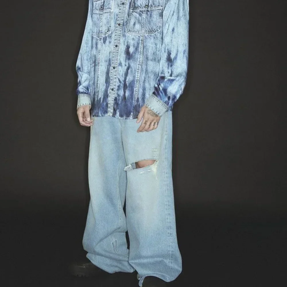 

Streetwear Wide Leg Baggy Hole Cut Washed Jeans Unisex Straight Y2K Ripped Flare Pants Men's Oversized Casual Denim Trousers