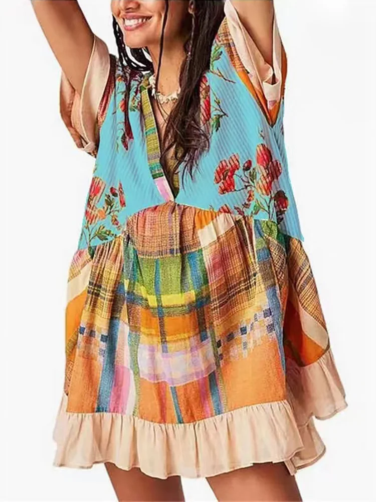 Damska patchworkowa sukienka na co dzień z krótkim rękawem, letnie wakacje, modna, prosta mini sukienka z nadrukiem, 2024 sukienka damska z głębokim dekoltem w szpic