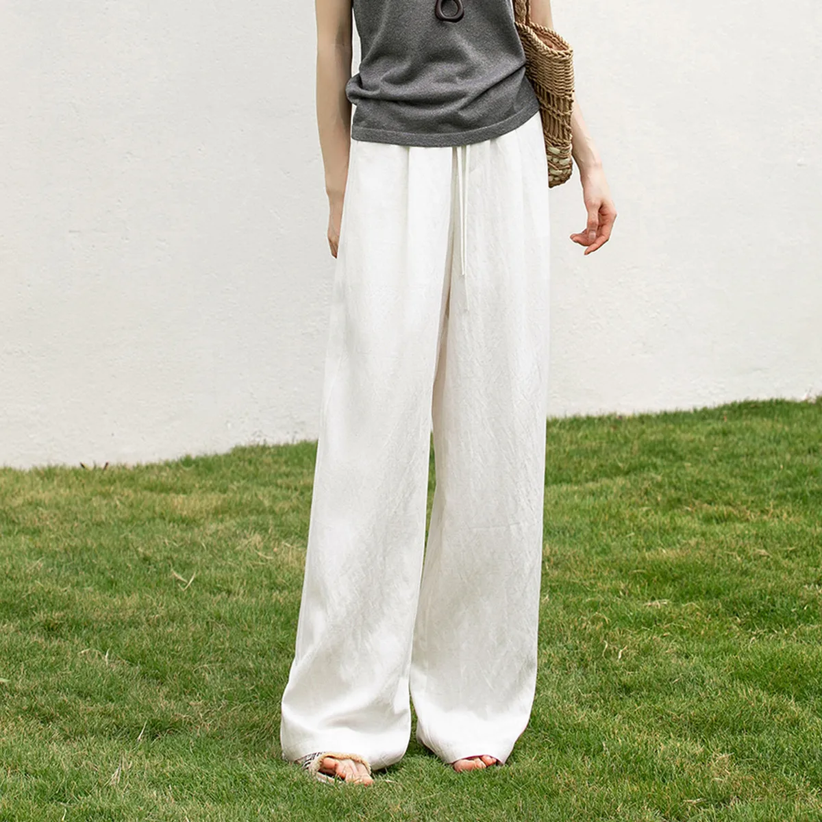 

SENTUBILA Women Lyocell Linen Wide Leg Pants 2026 Summer New Drawstring High Waist Casual Loose Trousers Slimming 161KD3886026