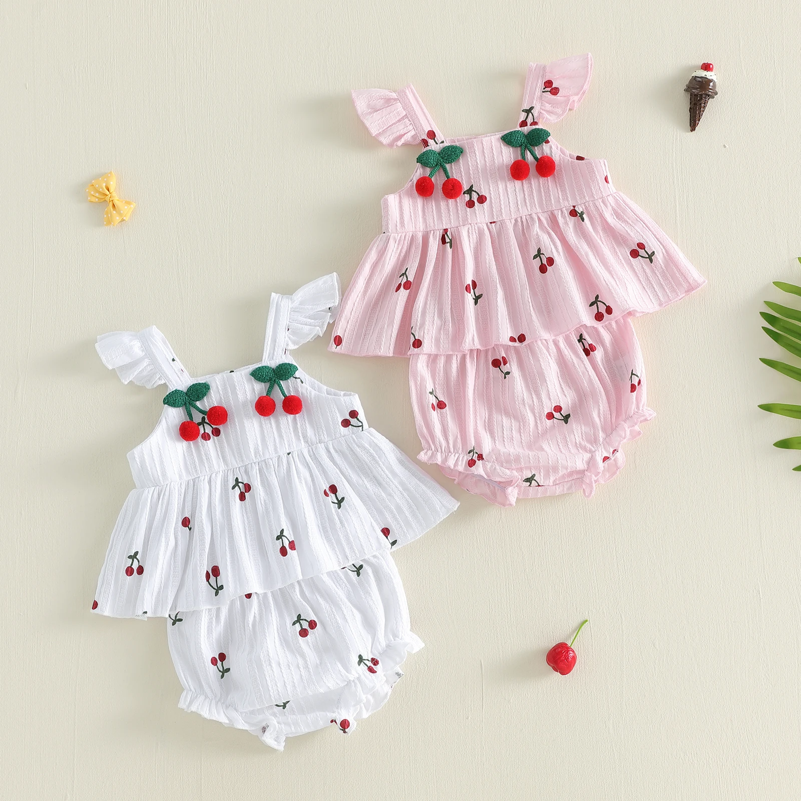 

Baby Girl Summer Outfits Cherry Print Fly Sleeve Tops Elastic Waist Shorts 2Pcs Clothes Set 3M-24M
