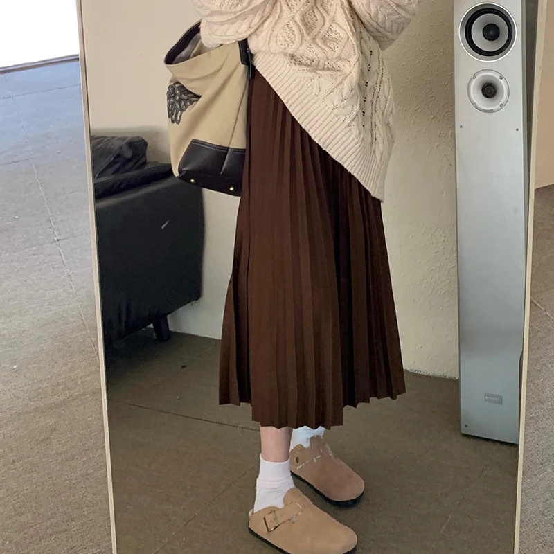 Spring Autumn Woolen Plaid Half Skirt Elastic Waist Versatile  Color Long High Waist Slim A-Line Skirt Women's Fashion