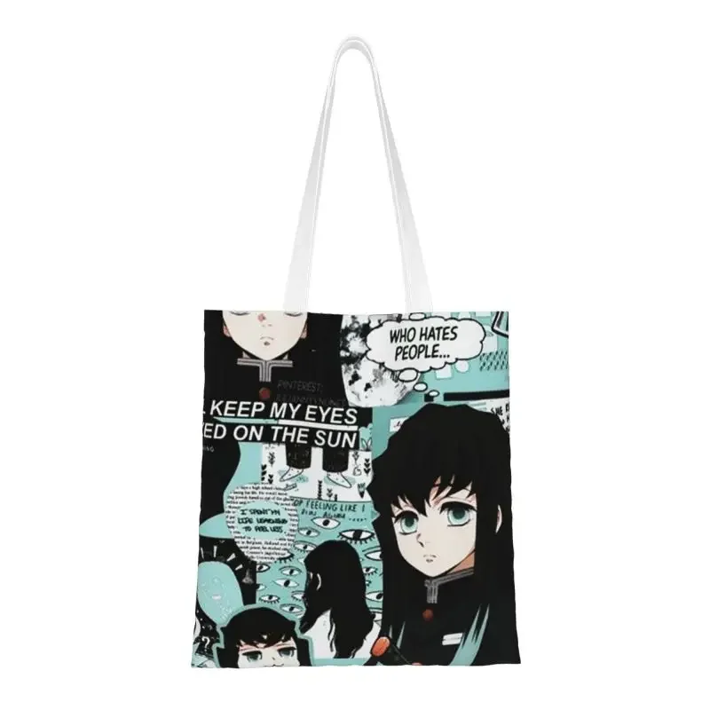 Anime Demon Slayer Grocery Shopping Bags Funny Print Canvas Shopper Shoulder Tote Bags Muichiro Tokito Kimetsu No Yaiba Handbag