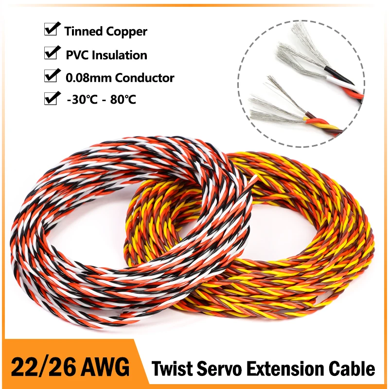 

5/10/20/50M 3 way Twist Servo Extension Cable 22AWG 26AWG 30/60 Core JR Futaba Twisted Wire Lead For RC Airplane Accessories